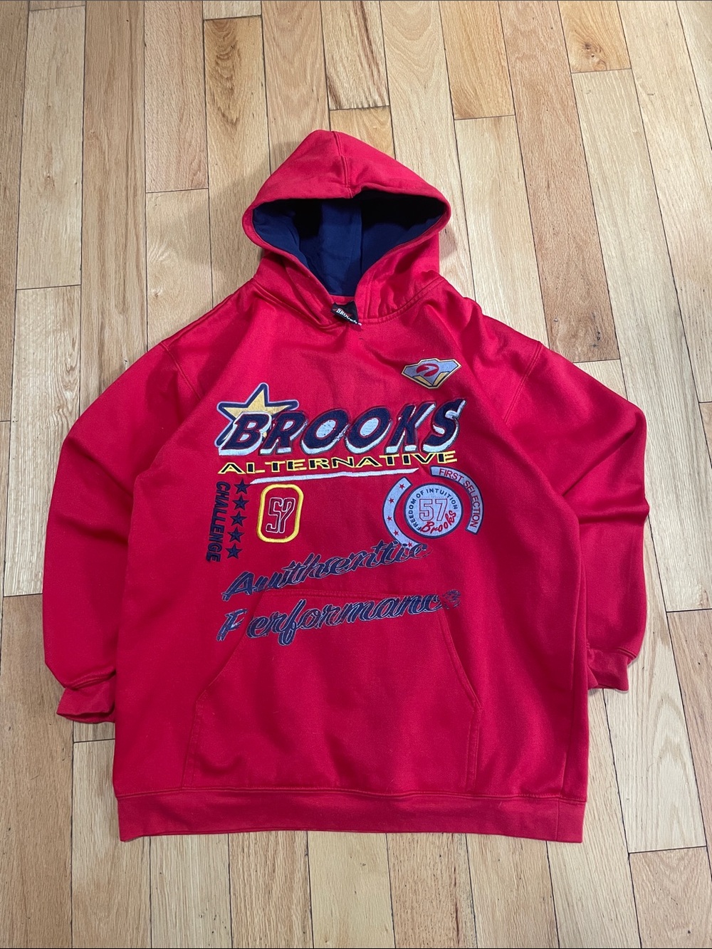 Brooks Red Logo Crewneck Hoodie with Navy Lined Hood